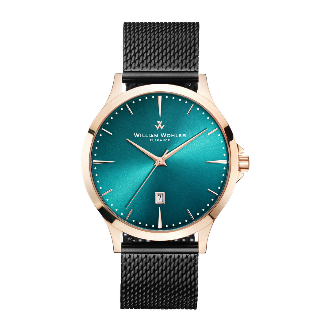 Montre homme Émeraude Éclat d'Or William Wohler — boîtier or rose, bracelet maille milanaise noire 41 mm, cadran bleu océan