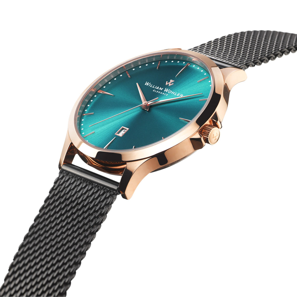 Montre homme Émeraude Éclat d'Or William Wohler — boîtier or rose, bracelet maille milanaise noire 41 mm, cadran bleu océan