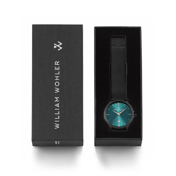 Montre homme Émeraude Noire William Wohler — bracelet maille milanaise noire 41 mm, cadran bleu océan