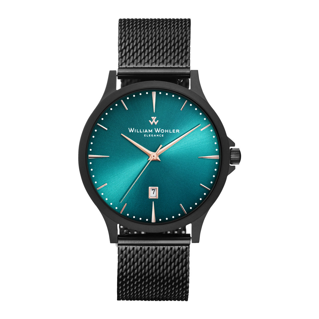 Montre homme Émeraude Noire William Wohler — bracelet maille milanaise noire 41 mm, cadran bleu océan
