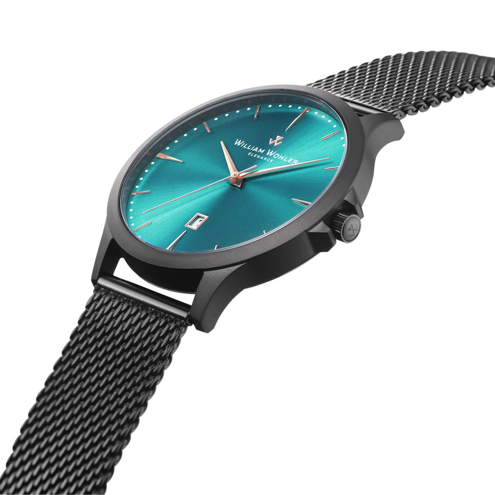 Montre homme Émeraude Noire William Wohler — bracelet maille milanaise noire 41 mm, cadran bleu océan