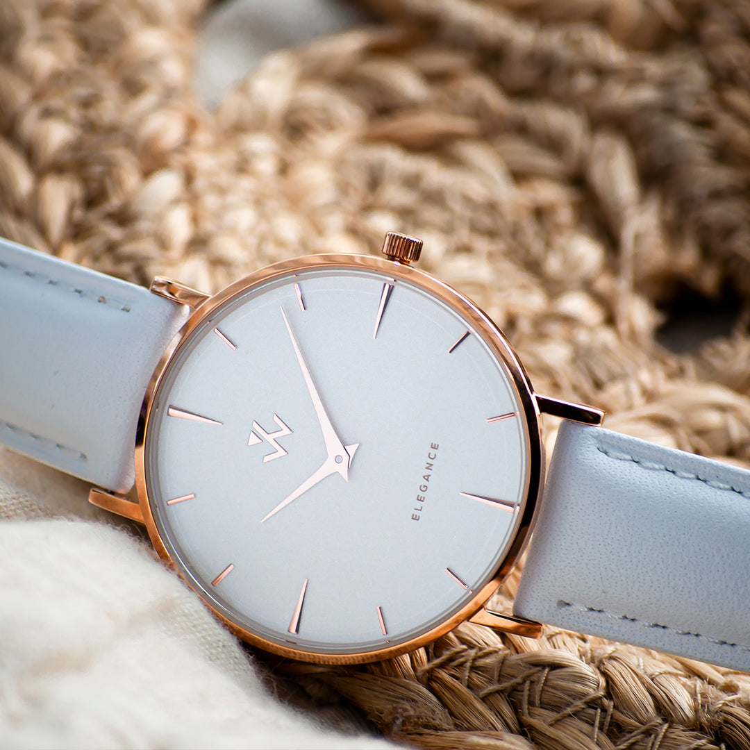 Montre femme Muguet William Wohler — boîtier or rose 36 mm, bracelet cuir blanc, cadran blanc coquille d&