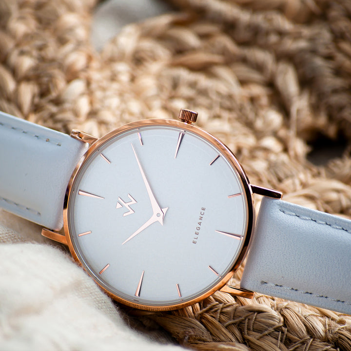 Montre femme Muguet William Wohler — boîtier or rose 36 mm, bracelet cuir blanc, cadran blanc coquille d&