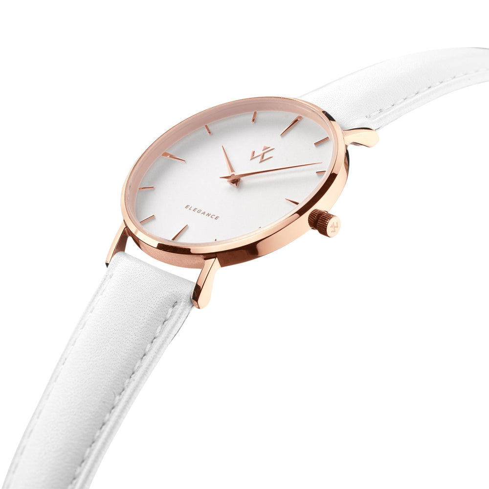 Montre femme Muguet William Wohler — boîtier or rose 36 mm, bracelet cuir blanc, cadran blanc coquille d'œuf