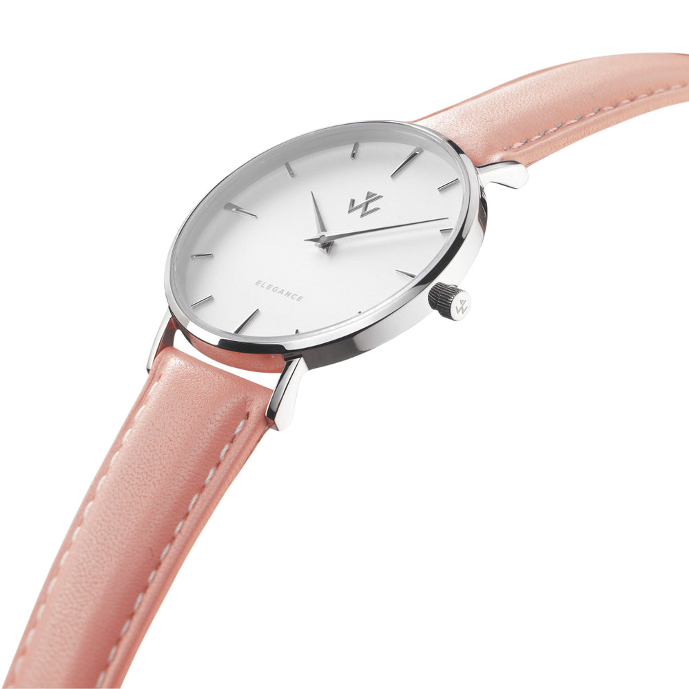 Montre femme Orchidée William Wohler — boîtier argenté 36 mm, bracelet cuir rose dragée, cadran blanc