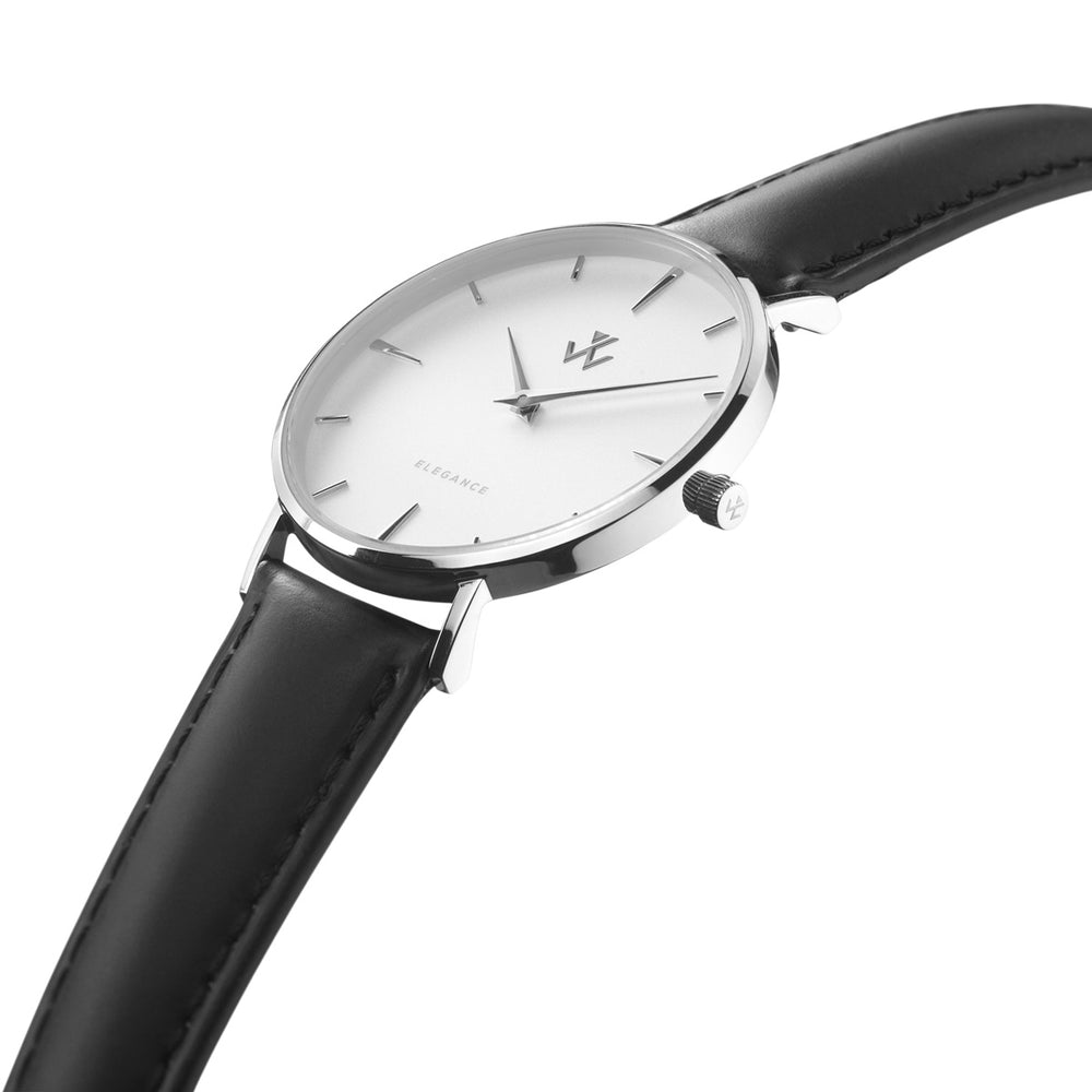 Montre femme Reine de Nuit William Wohler — boîtier argenté 36 mm, bracelet cuir noir, cadran blanc
