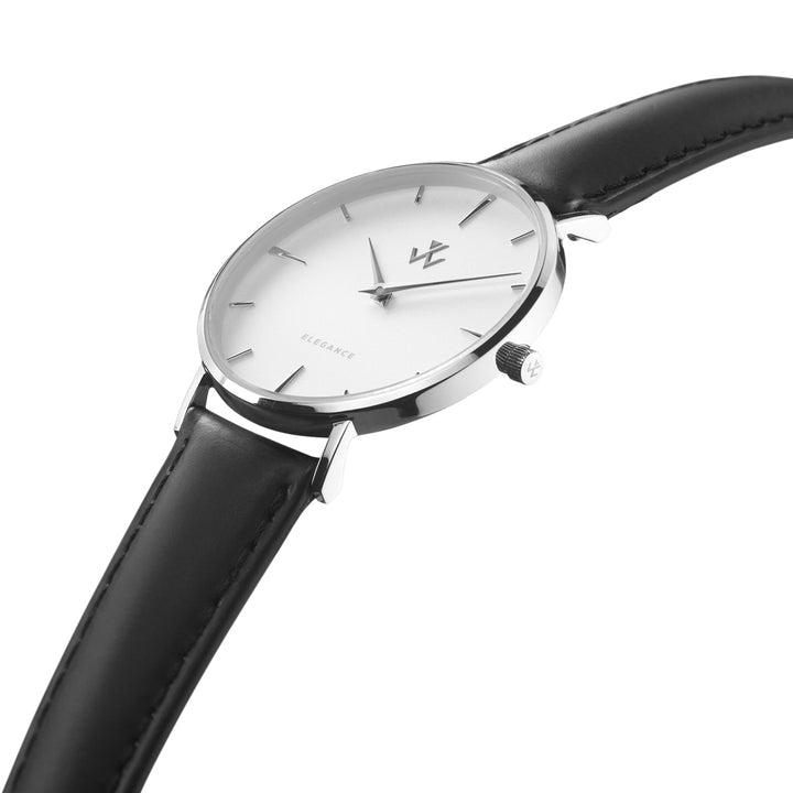 Montre femme Reine de Nuit William Wohler — boîtier argenté 36 mm, bracelet cuir noir, cadran blanc