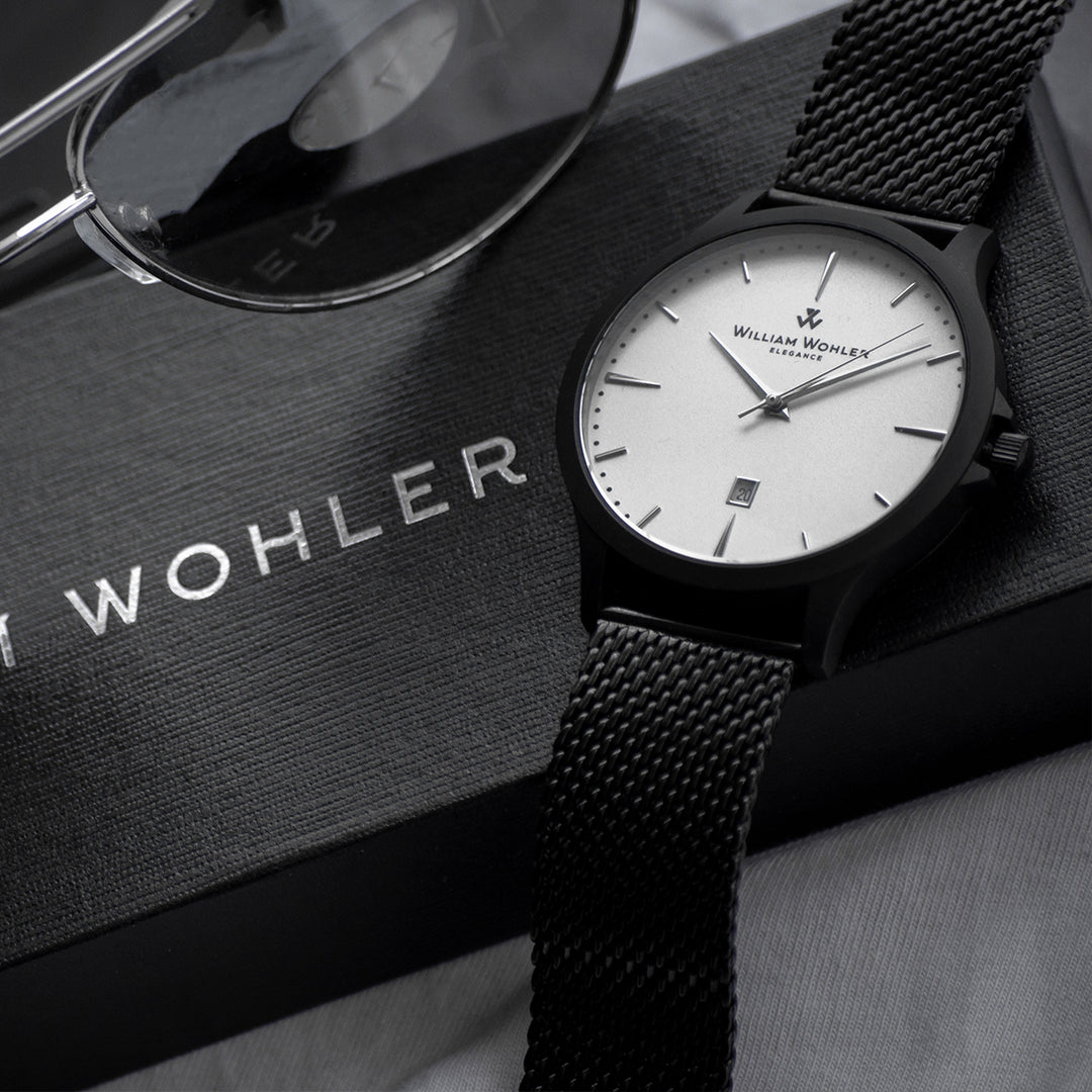 Montre homme Tourmaline William Wohler — boîtier noir mat, bracelet maille milanaise noire 41 mm