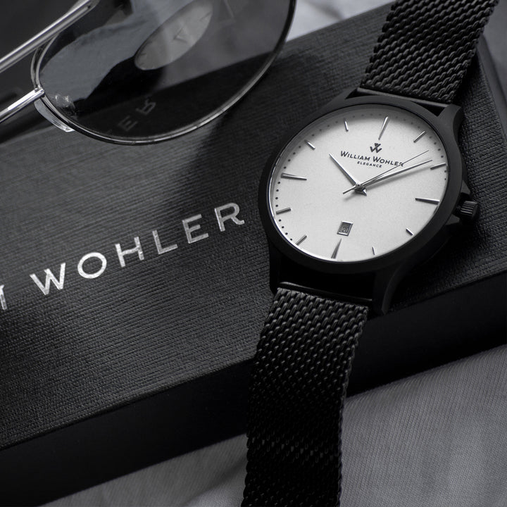 Montre homme Tourmaline William Wohler — boîtier noir mat, bracelet maille milanaise noire 41 mm