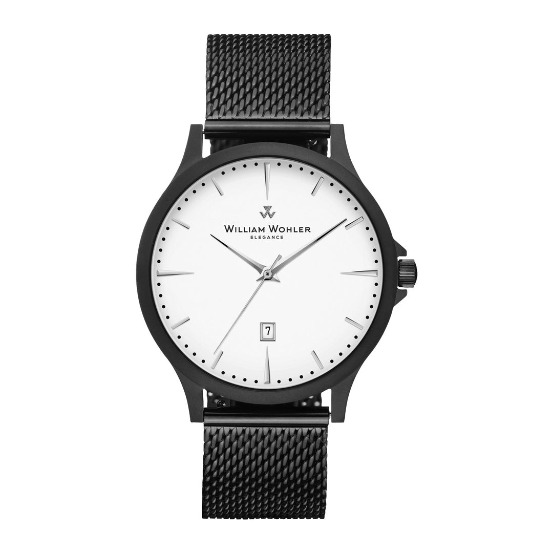 Montre homme Tourmaline William Wohler — boîtier noir mat, bracelet maille milanaise noire 41 mm