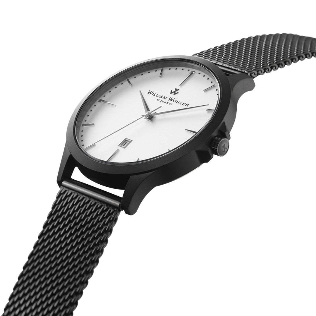 Montre homme Tourmaline William Wohler — boîtier noir mat, bracelet maille milanaise noire 41 mm