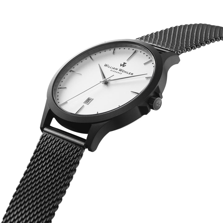 Montre homme Tourmaline William Wohler — boîtier noir mat, bracelet maille milanaise noire 41 mm